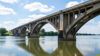 Obraz premium A large concrete bridge spans a calm river under a blue sky