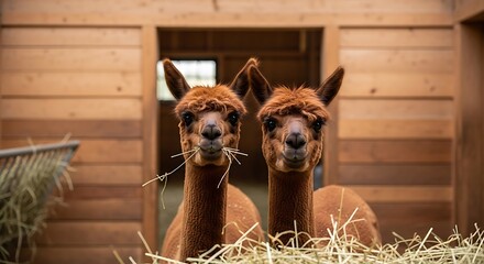 Fototapeta premium Two brown alpacas peek from a wooden shed, munching hay, with a serene and curious gaze
