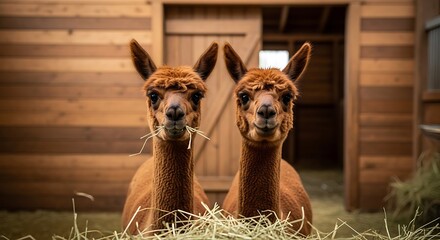 Fototapeta premium Two brown alpacas with large eyes in a wooden barn, looking directly at the viewer