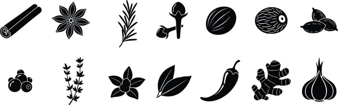 Collection of various spice and herb silhouette icons including cinnamon, ginger, and garlic.