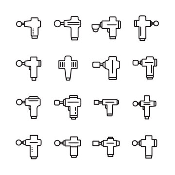 Massage Gun Icon Set Percussion Therapy Devices Muscle Recovery Tools Vector Line Art
