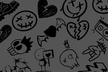 Obraz premium Dark grey goth background with grunge street art doodles. Emo background pattern with punk skulls, winged hearts and boombox.
