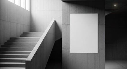 Sleek concrete staircase interior with a blank white vertical poster design