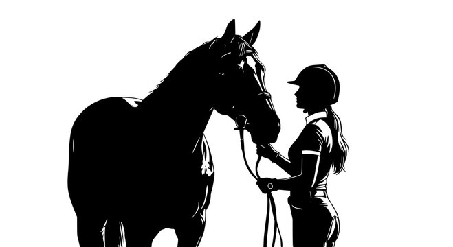 Graceful silhouette of a female rider with her horse: Design for equestrian club logos, horse breeding farm brochures, or country life posters. JPEG version.