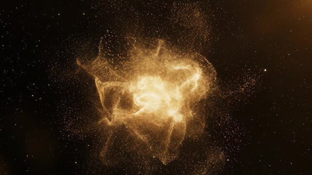 Lungs depicted as glowing golden particles transition into an ethereal cloud of light, evolving into a vibrant explosion of shimmering dust in a cosmic setting