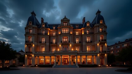 Obraz premium Illuminated grand hotel exterior at dusk showcasing architectural details and warm lighting