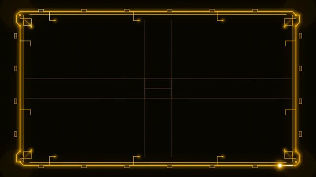 A glowing yellow outlined frame with intricate circuitry designs on a dark background