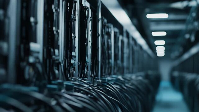 Server racks with multiple network cables connecting hardware components, creating a complex digital infrastructure for computing, storage, and cloud technology