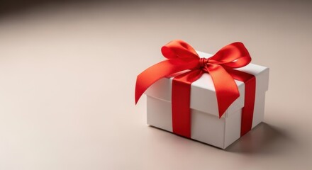 Obraz premium Elegant white gift box with a vibrant red ribbon and bow on a neutral background.