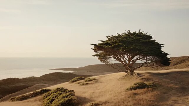 Lone monterey cypress tree standing majestically on a windswept coastal hilltop, overlooking the vast ocean with golden dried grass and a clear sky, symbolizing resilience and tranquility