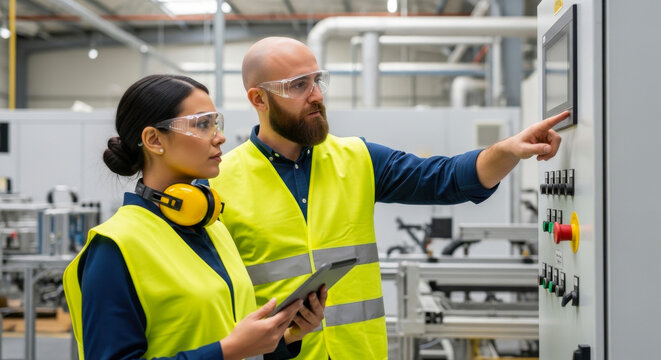 Diverse team of engineers collaborating on factory machine control panel