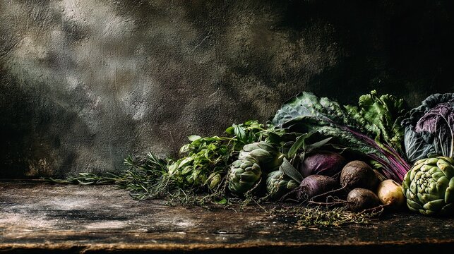 A vibrant display of fresh vegetables on a rustic wooden table, an ode to the bounty of nature. A medley of greens, reds, and purples creating a stunning visual feast.