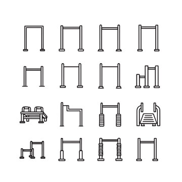 Outdoor Fitness Equipment Icons Set Calisthenics Park Workout Gear Line Art Collection