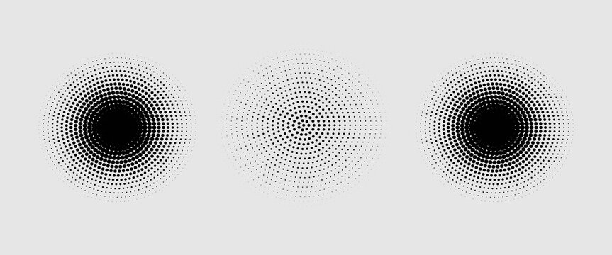 Black concentric circle set. Sonar or sound wave ring collection. Dotted and linear epicentre, target, radar icon concept. Ripple radial signal or vibration elements. Vector line and halftone symbols.