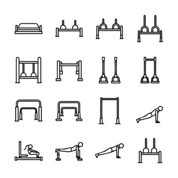 Outdoor Fitness Equipment Icons: Workout Stations Bars and Bodyweight Exercises