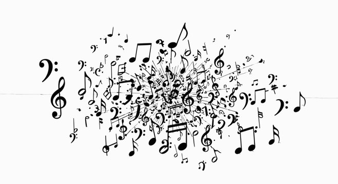 Musical notes explosion, music background, black and white