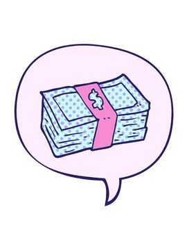 jiggle and pause animation of cartoon stack of cash with speech bubble in comic book style