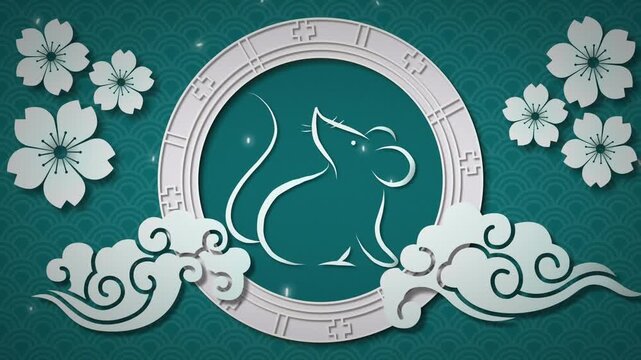 Animation of happy new year text, mouse in circle, clouds and flowers against abstract background