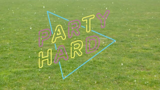 Animation of snow falling over party hard text on green background