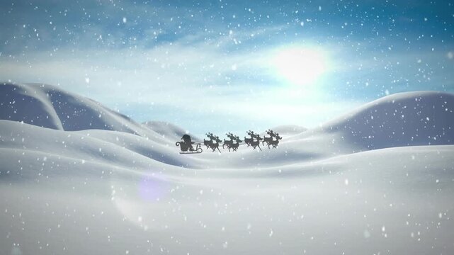 Digital animation shows a Christmas scene with Santa, reindeers, and snowfall.
