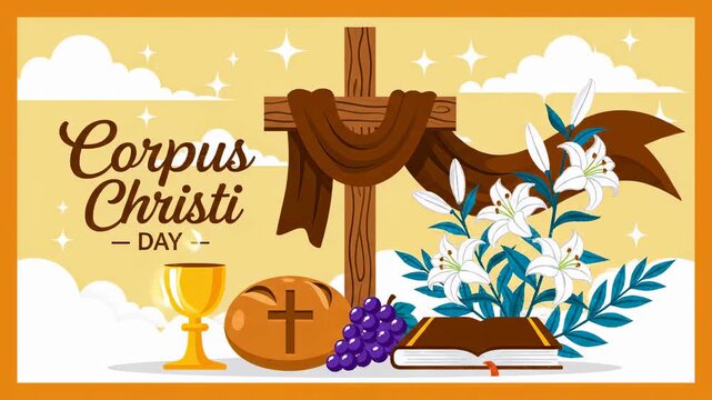 Corpus Christi Day Illustration Cross, Lilies, Chalice, Bread, Grapes - Religious Celebration