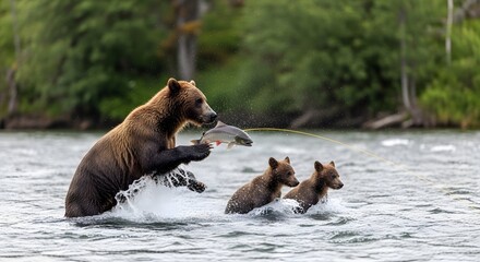 Obraz premium Mother bear catching fish with cubs in river water
