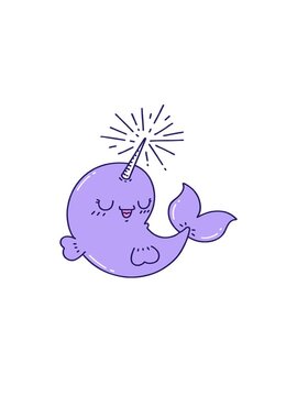 rise and float animation of illustration of a tattoo style happy narwhal