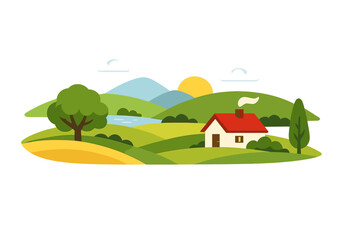 Naklejka premium A flat vector illustration of a peaceful rural landscape featuring a small white house with a red roof, rolling green hills, a blue lake, and mountains under a sunny sky with clouds.