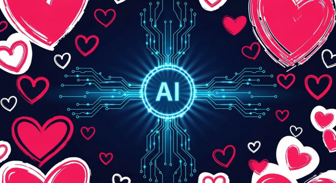 Artificial intelligence concept with neon blue circuit board and ai symbol surrounded by pink hearts on dark background futuristic technology and love theme