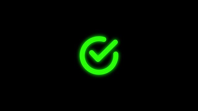 green tick on black background.Green Check Mark and Circular Arrow Icon on Black Background tick approved.4k video