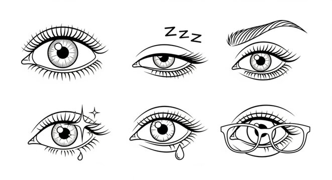 Detailed illustration of six expressive eyes showing various emotions and reactions in black and white