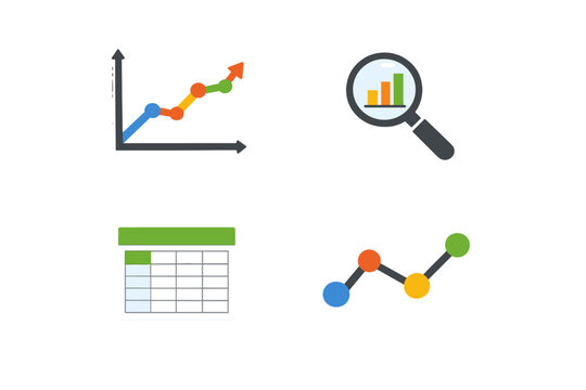 A set of four flat vector icons representing data analysis and business growth, including line graphs, a magnifying glass over a bar chart, and a spreadsheet on a black background.