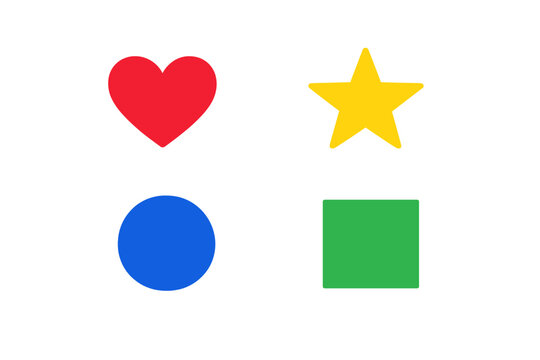 A collection of four basic geometric shapes including a red heart, a yellow star, a blue circle, and a green square arranged in a two-by-two grid on a solid black background.