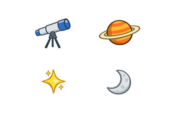A collection of four space-themed icons featuring a blue telescope, a ringed planet, a shining yellow star, and a grey crescent moon with craters, all set against a black background. © Andrei