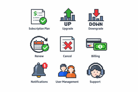 Pixel art icons for subscription, upgrade, downgrade, renew, cancel, billing, notifications, user management, support