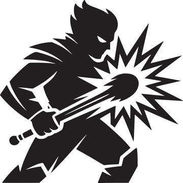 Powerful hero silhouette wielding mace with explosive energy in dynamic action pose for comic book design