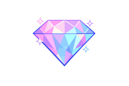 A digital illustration of a faceted diamond in pastel pink, purple, and blue shades. The gemstone is surrounded by four-pointed sparkles against a dark, textured background.