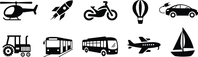 Transportation icons set with helicopter, rocket, motorcycle, hot air balloon, electric car, tractor, tram, bus, airplane and sailboat isolated on white background © Hey There