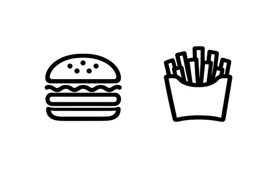 A minimalist black and white line art illustration featuring a classic hamburger and a carton of french fries. The simple graphic icons are centered on a solid black background.
