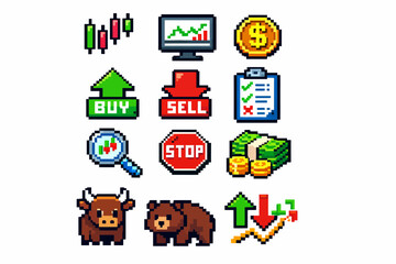 Fototapeta premium Pixel art financial icons: bull and bear market, trading symbols, buy sell indicators