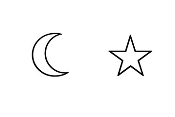 Obraz premium A minimalist black and white illustration featuring the outlines of a crescent moon and a five-pointed star on a solid black background. Simple line art design of celestial symbols.