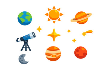 A collection of colorful space icons including planets like Earth, Mars, and Saturn, along with a telescope, stars, a crescent moon, and a comet set against a black background. © Andrei