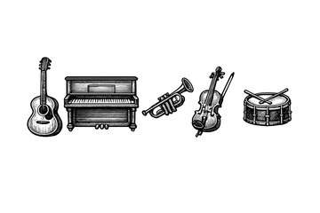 This monochrome engraving depicts five musical instruments including a guitar, upright piano, trumpet, violin with bow, and a snare drum with sticks on a black backdrop. © Andrei