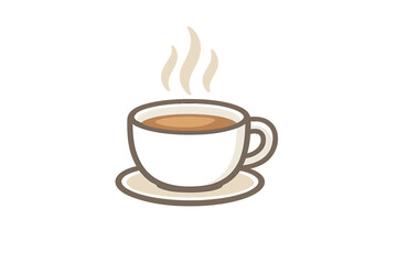 Obraz premium A simple vector illustration of a white ceramic cup filled with hot brown coffee or tea, sitting on a matching saucer with three wavy steam lines rising against a black background.