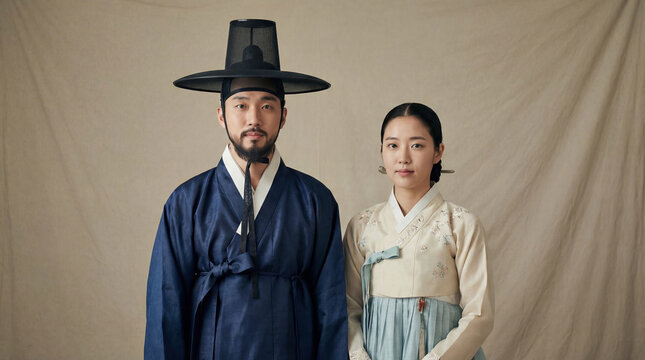 A respectful and historically accurate depiction of a young Joseon Dynasty yangban couple.