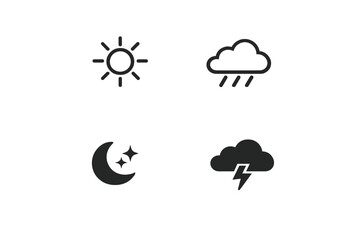 Obraz premium A set of four simple black weather icons on a white background including a sun, a rain cloud, a crescent moon with stars, and a storm cloud with a lightning bolt symbol.