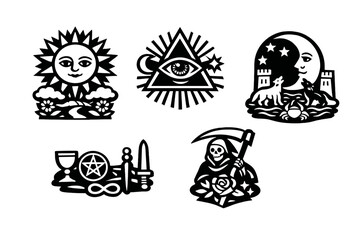 A collection of five white occult and tarot symbols on a black background, including the sun, the moon, the eye of providence, magical tools, and the grim reaper with a scythe.