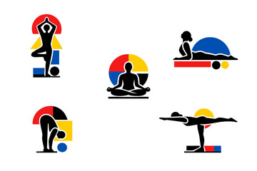 A collection of five stylized human silhouettes performing various yoga positions, integrated with abstract geometric patterns in primary colors on a solid black background.