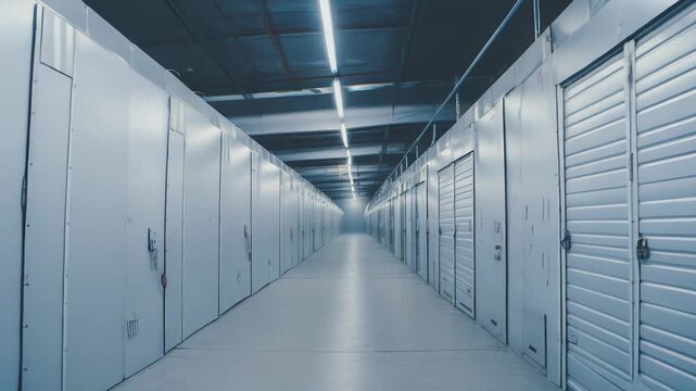 Industrial storage facility hallway presenting numerous securely locked metal units, providing solutions for organization, archiving, and personal or business belongings protection