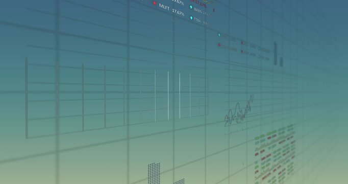Animation of multiple graphs and trading boards over grid pattern against gradient background